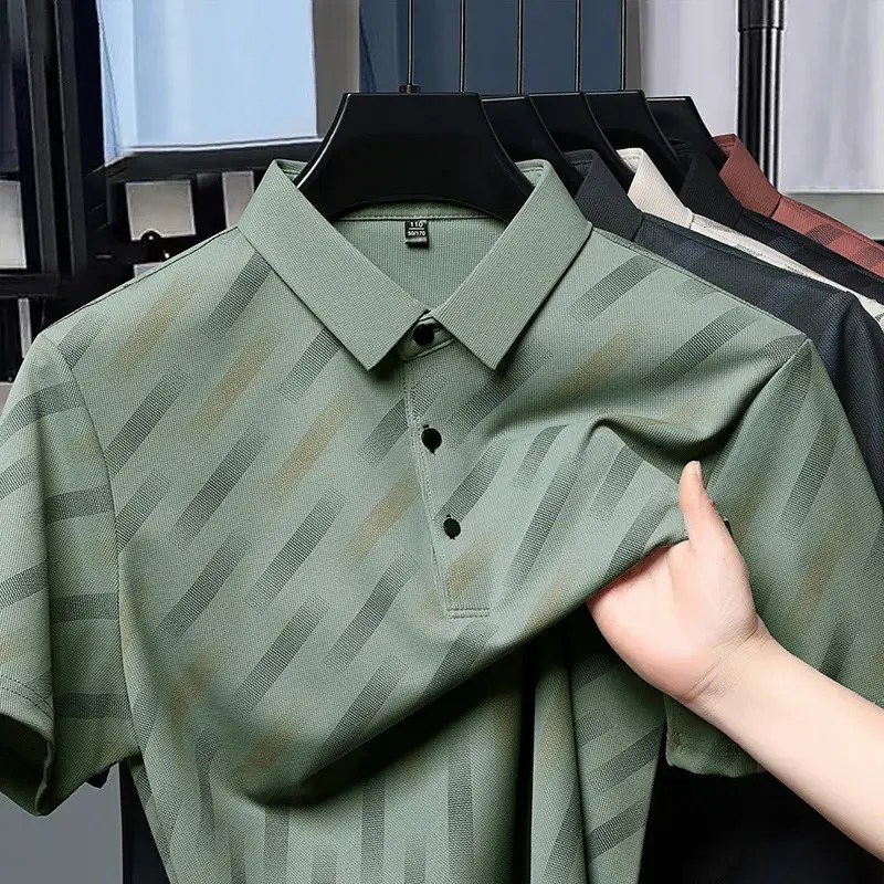 Summer Seamless luxury Printed Stripes Short Sleeved Men's Polo Shirtsweat Absorbing Elastic Tshirts Breathable Top Men Clothing