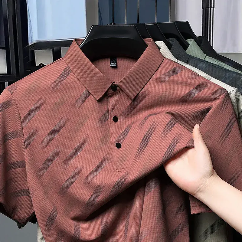 Summer Seamless luxury Printed Stripes Short Sleeved Men's Polo Shirtsweat Absorbing Elastic Tshirts Breathable Top Men Clothing