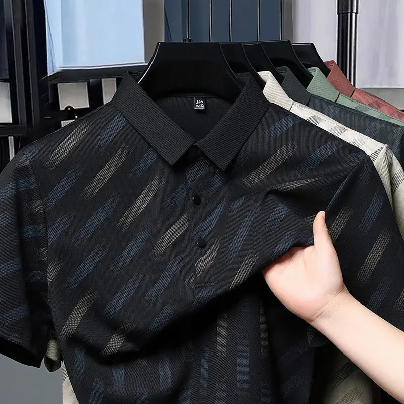 Summer Seamless luxury Printed Stripes Short Sleeved Men's Polo Shirtsweat Absorbing Elastic Tshirts Breathable Top Men Clothing