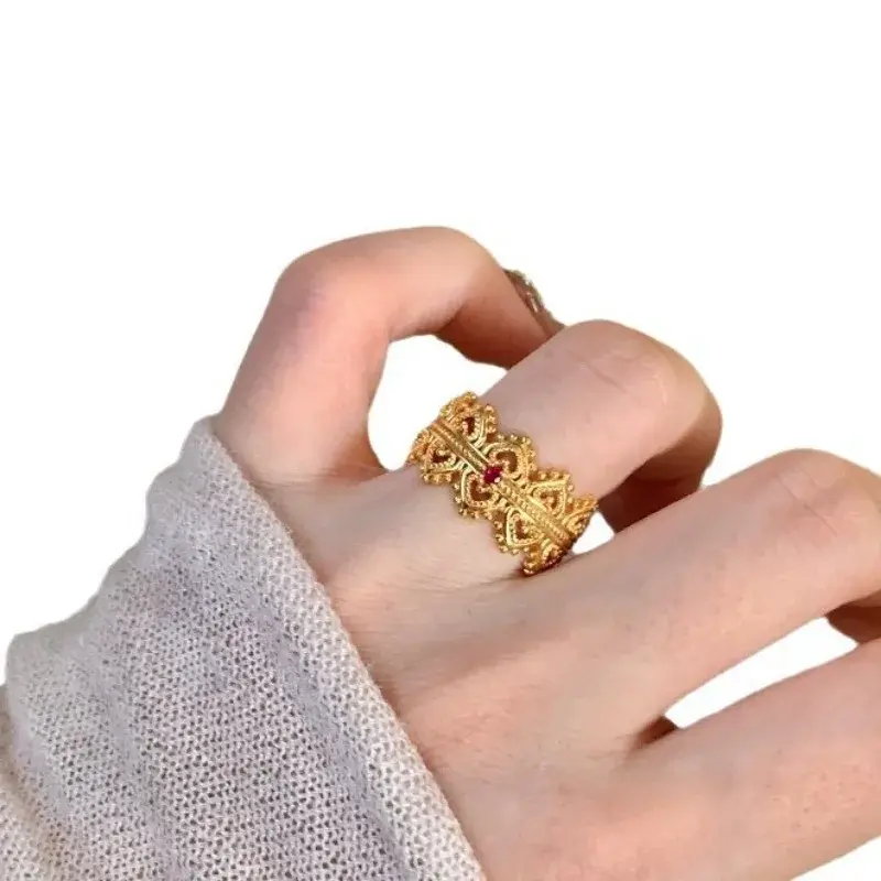 Exquisite retro antique gold crafts flower wreath crown rings for women light luxury palace style wedding jewelry adjustable