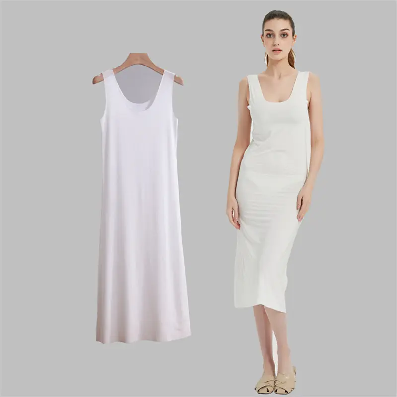 Summer Lady Ice Silk Without Trace Slips Under Dress Large Size Tank Long Midi Dress Petticoat U-neck Vest Nightgown Long Skirt