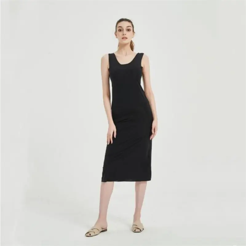Summer Lady Ice Silk Without Trace Slips Under Dress Large Size Tank Long Midi Dress Petticoat U-neck Vest Nightgown Long Skirt