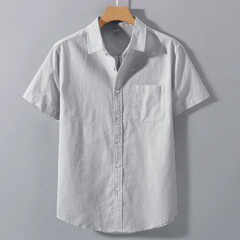 Summer Mens Short Sleeve Shirts Solid Color Stand Collar Oversize T Shirts Breathable Loose Youth Basic Cotton Pocket Shirts Man