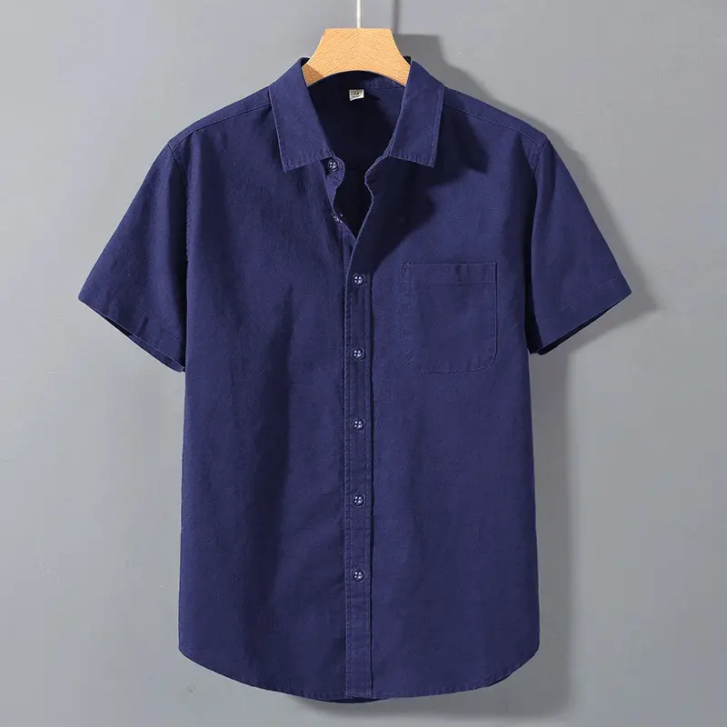 Summer Mens Short Sleeve Shirts Solid Color Stand Collar Oversize T Shirts Breathable Loose Youth Basic Cotton Pocket Shirts Man