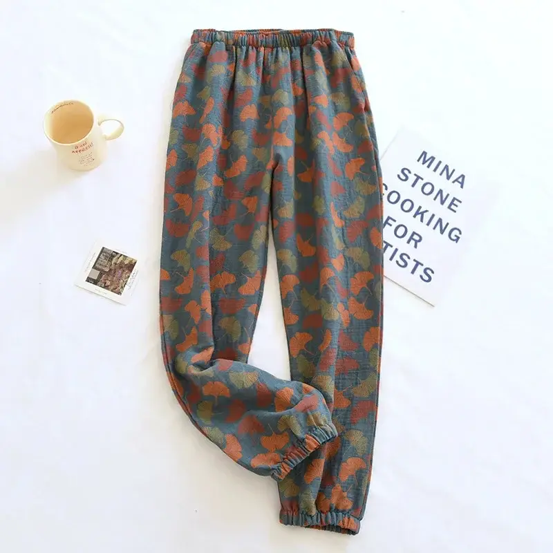 2025 New Spring Summer Women's Pajamas 100% Cotton Crepe Pants Women's Comfortable Loose Large Leaf Home Pants Thin bottoms