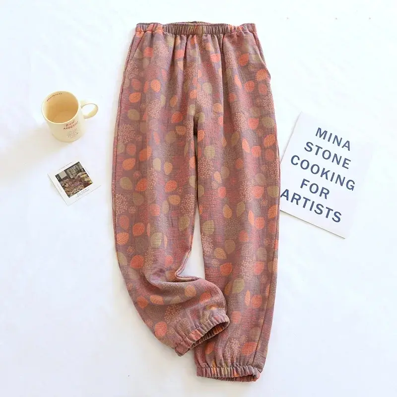 2025 New Spring Summer Women's Pajamas 100% Cotton Crepe Pants Women's Comfortable Loose Large Leaf Home Pants Thin bottoms