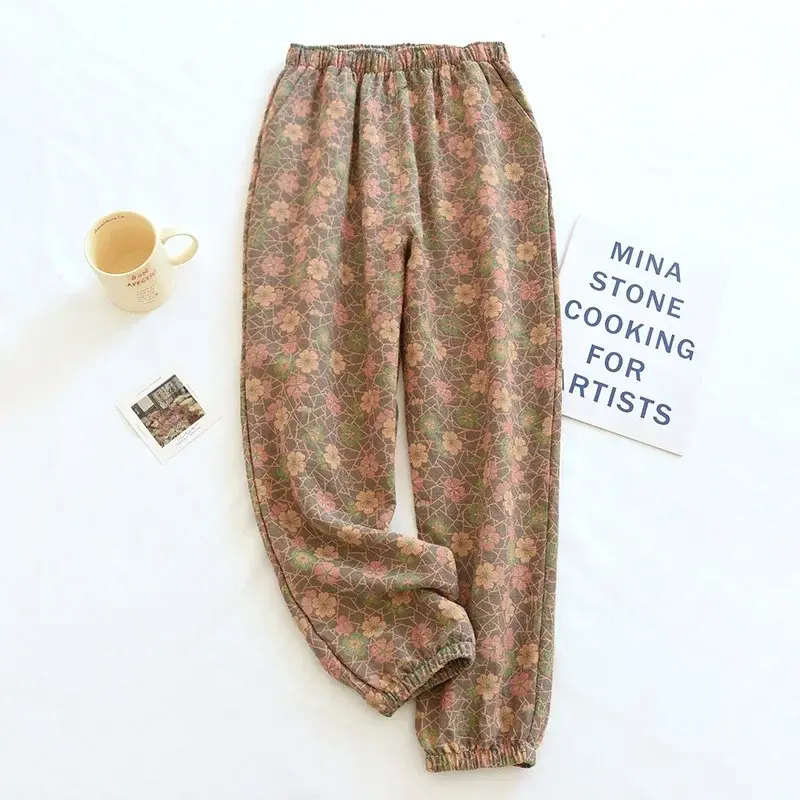 2025 New Spring Summer Women's Pajamas 100% Cotton Crepe Pants Women's Comfortable Loose Large Leaf Home Pants Thin bottoms