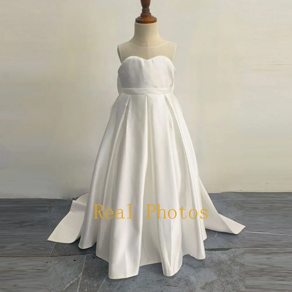 Simple White Child Flower Girl Dresses for Weddings Satin A-line Tulle Bow Long Bridesmaid Pageant Robe First Communion Gown