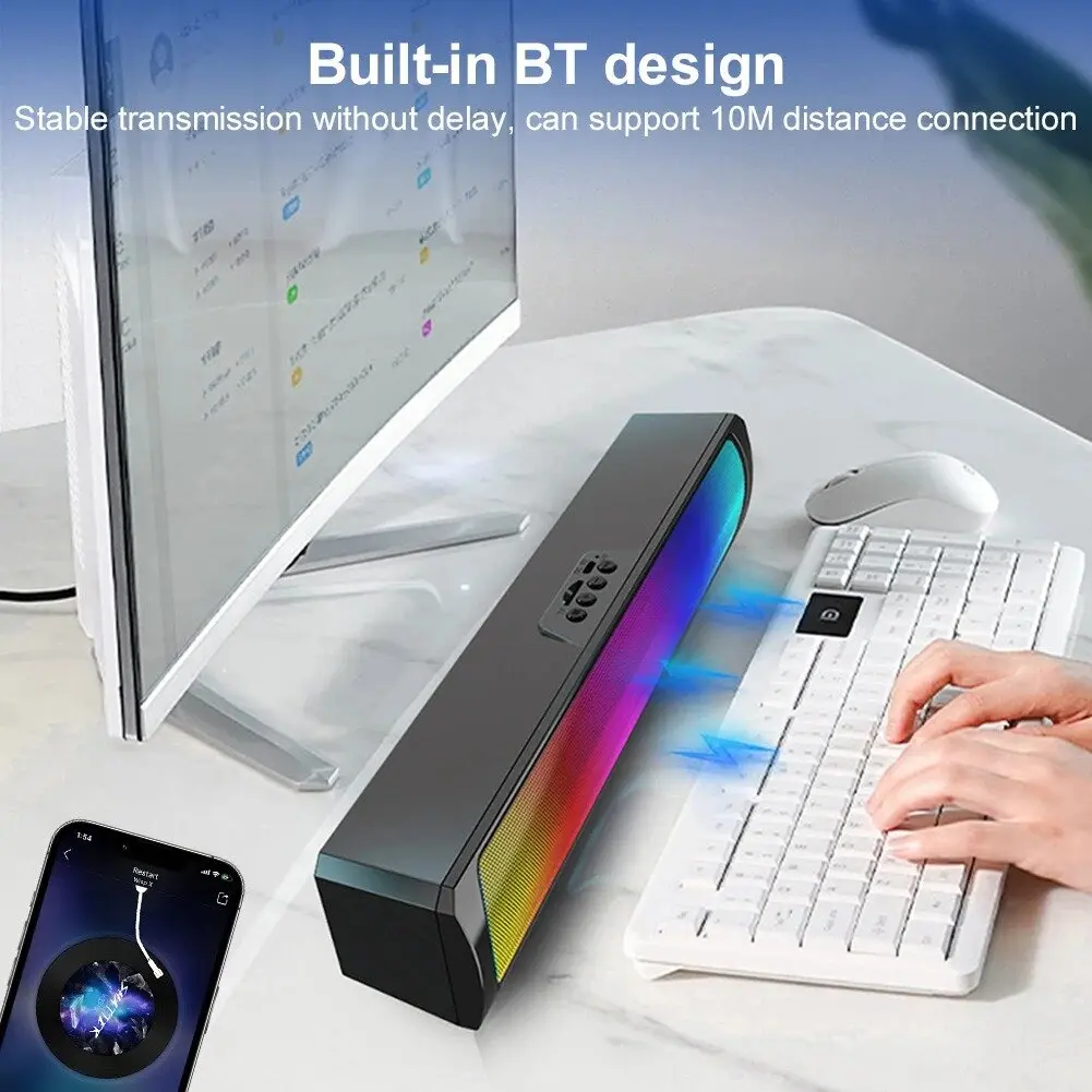 RGB Computer Speaker Bluetooth-Compatible 5.0 Soundbar Stereo Subwoofer Portable Computer Sound Bar for Desktop PC Laptop