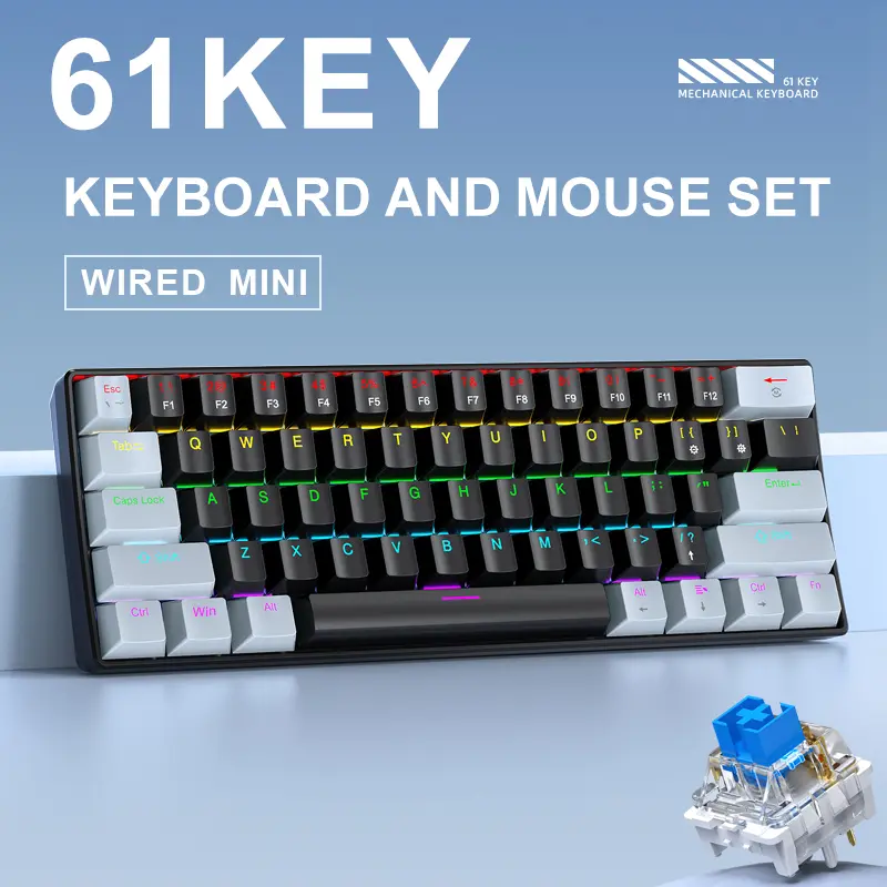 APAYADO K61 Mini Mechanical RGB Keyboard,Wired,61 Keys, Black/White , Red/Blue Switch for Gaming,60% Portable,PC/laptop