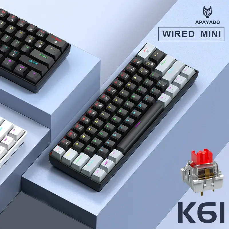APAYADO K61 Mini Mechanical RGB Keyboard,Wired,61 Keys, Black/White , Red/Blue Switch for Gaming,60% Portable,PC/laptop