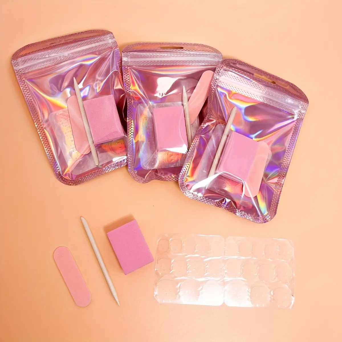 15Set Press On Nail Tool Prep Kit, 75pcs Disposable Manicure Kit with Nail File, Buffer, Adhesive Nail Tabs, Wood Stick, Hologra