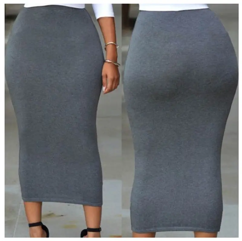 Women Pencil Skirt Solid Color Elastic Waist Band Maxi Skirts, High Waist Bodycon Half Skirt