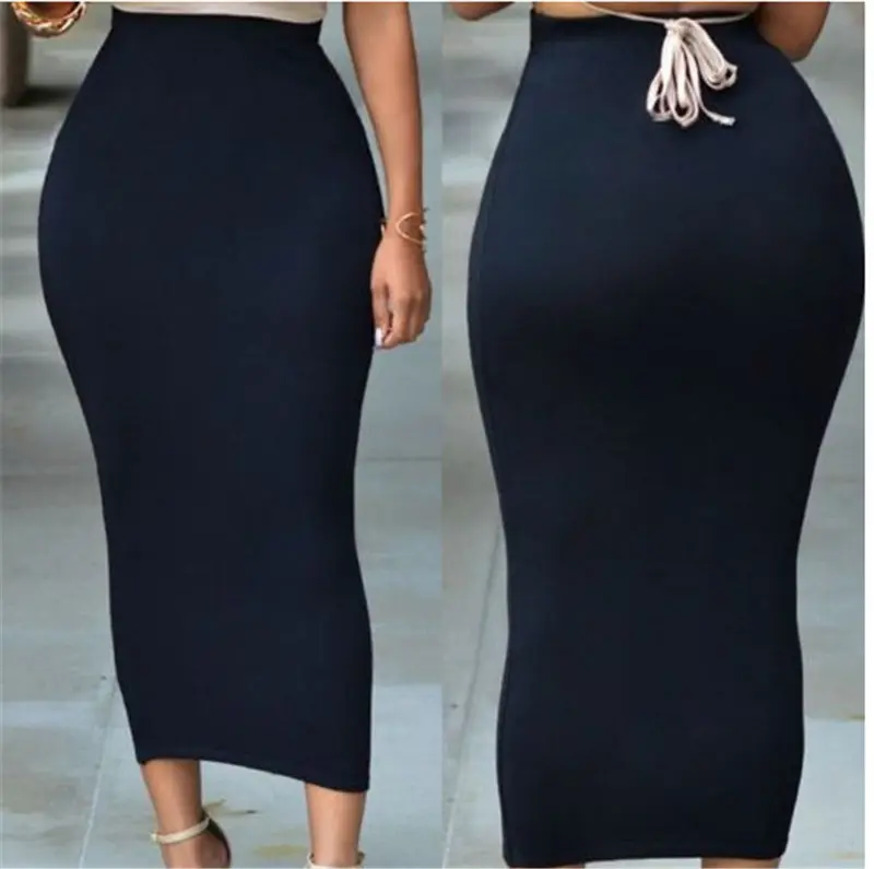 Women Pencil Skirt Solid Color Elastic Waist Band Maxi Skirts, High Waist Bodycon Half Skirt