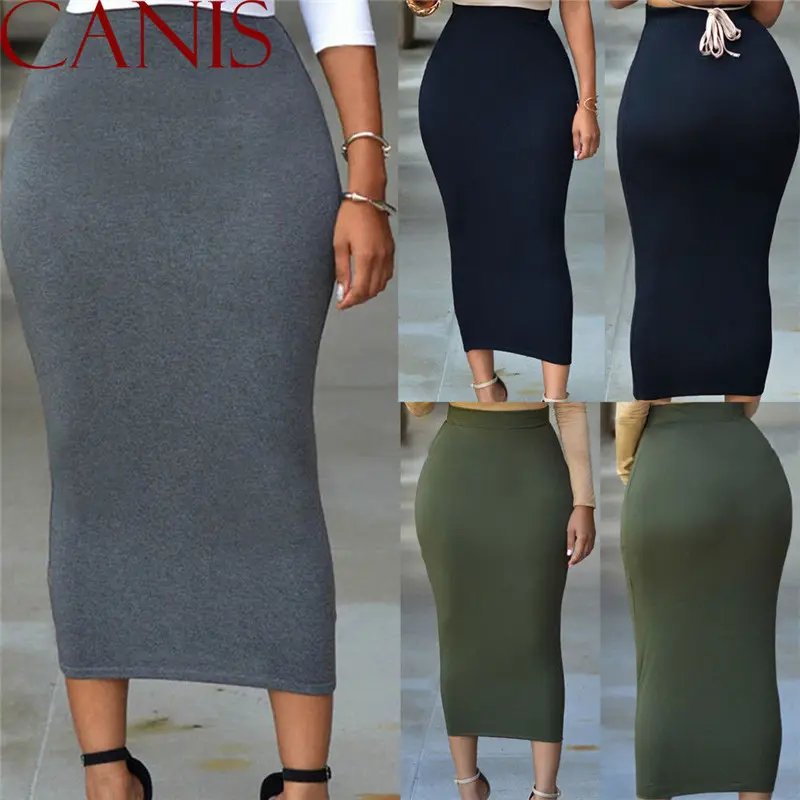Women Pencil Skirt Solid Color Elastic Waist Band Maxi Skirts, High Waist Bodycon Half Skirt