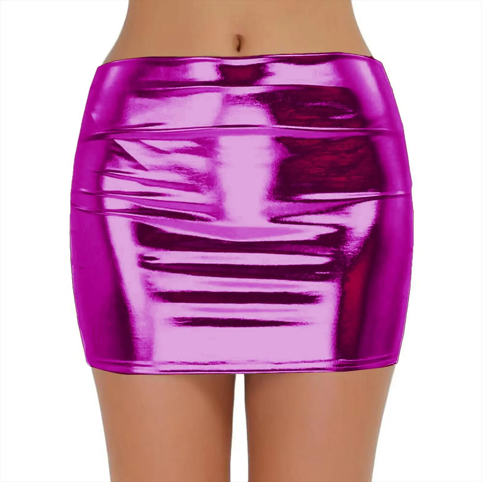 Sexy PU Leather Short Skirts for Women Club Prom Performance Solid High Waist Mini Skirt Gold Red Shine Bright Fladas Mujer XXL
