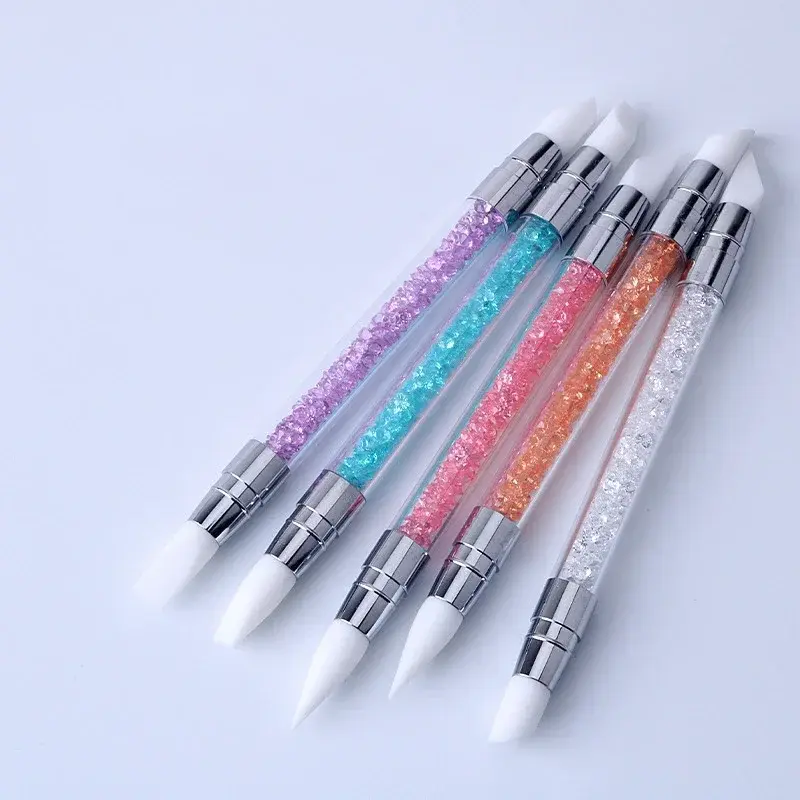 1 Pcs Dual-Ended Silicone Head Carving Dotting Pen Nail Art Brushes Rhinestone Crystal Handle Tool For DIY Gel Manicure Tools