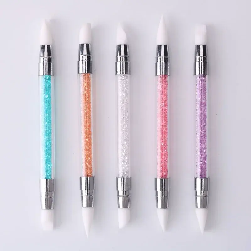 1 Pcs Dual-Ended Silicone Head Carving Dotting Pen Nail Art Brushes Rhinestone Crystal Handle Tool For DIY Gel Manicure Tools