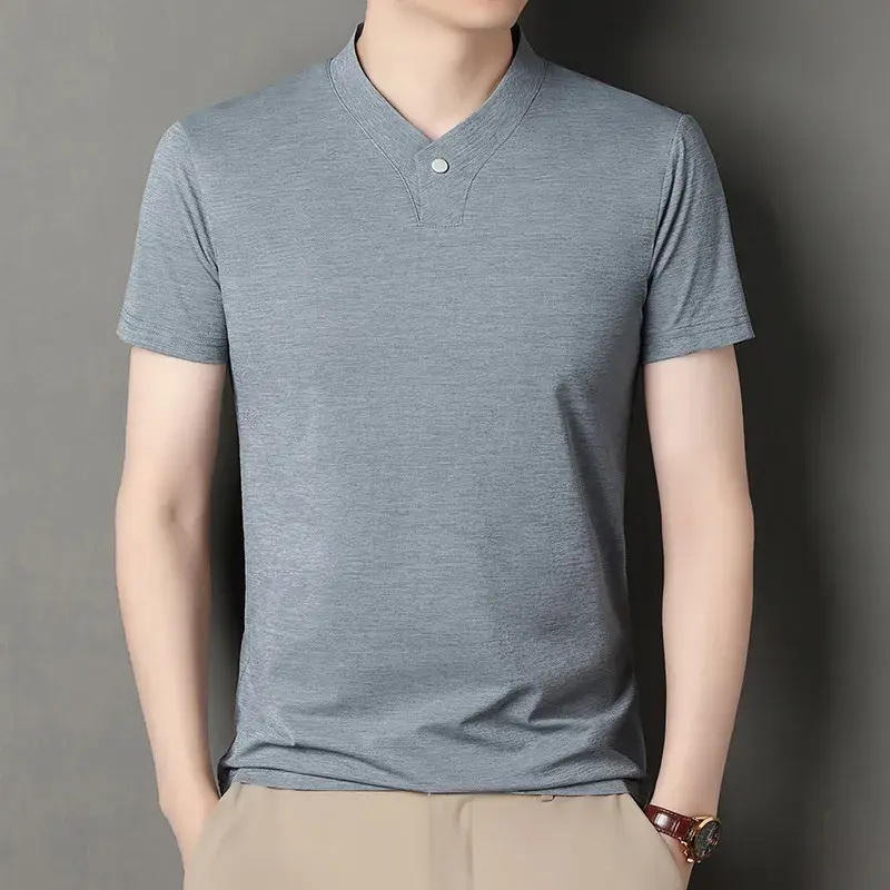2025 Korean Style Men's Casual and Fashionable One Button V-neck Solid Color Short Sleeved T-shirt Summer Versatile Top