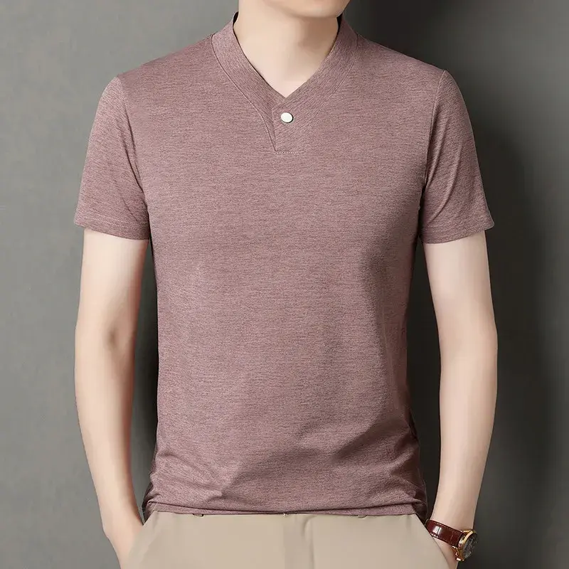 2025 Korean Style Men's Casual and Fashionable One Button V-neck Solid Color Short Sleeved T-shirt Summer Versatile Top