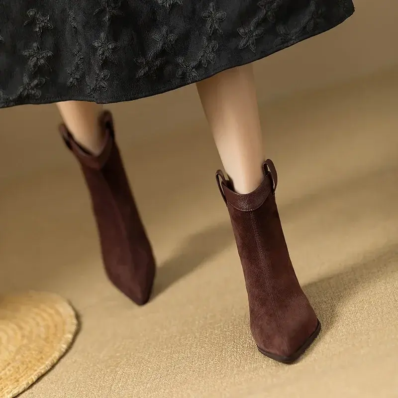 Women's Vintage Chunky Heel Ankle Boots Autumn Winter New Pointy Square Head Suede Back Zipper Soft Sole Non-slip Short Boots