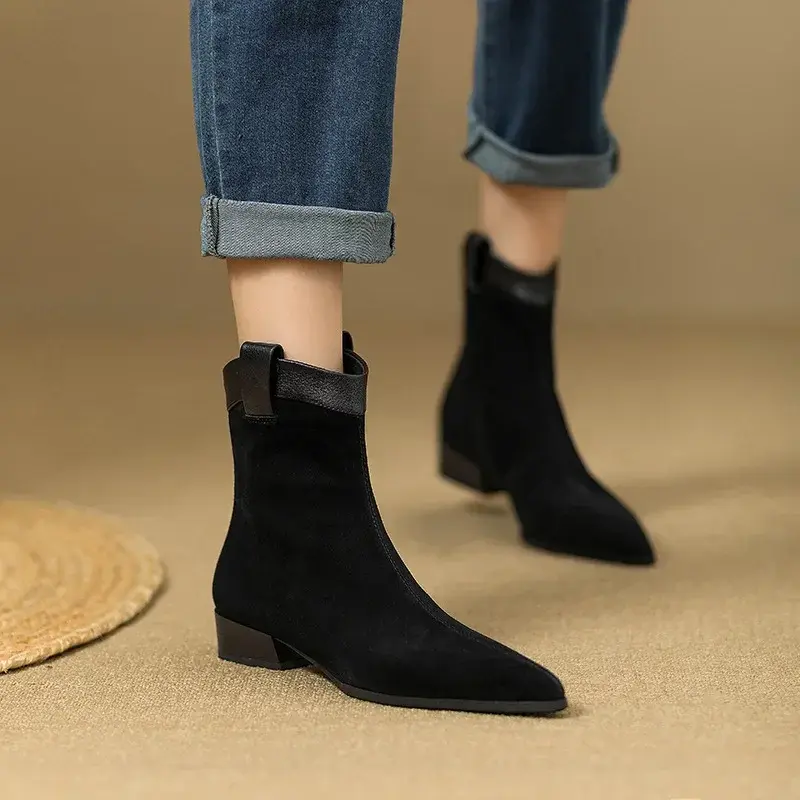 Women's Vintage Chunky Heel Ankle Boots Autumn Winter New Pointy Square Head Suede Back Zipper Soft Sole Non-slip Short Boots