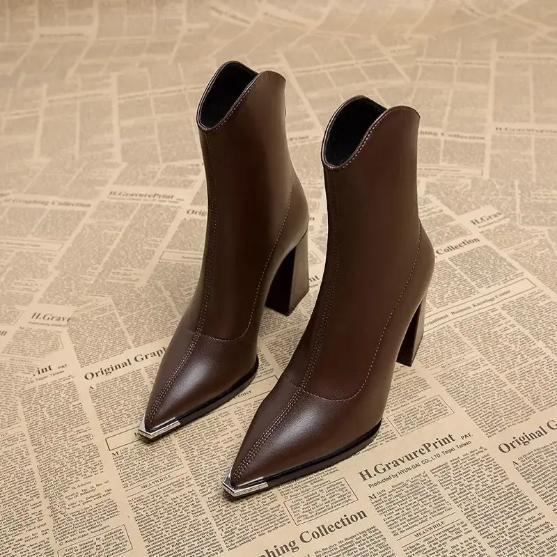 Pointed Toe Women's Ankle Boots Fashion Back Zippers Short Botas Ladies Elegant Square High Heel Winter Women's Footwear 2024