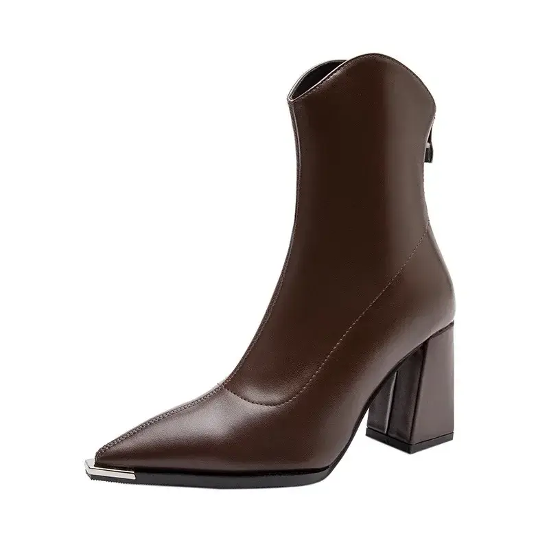 Pointed Toe Women's Ankle Boots Fashion Back Zippers Short Botas Ladies Elegant Square High Heel Winter Women's Footwear 2024