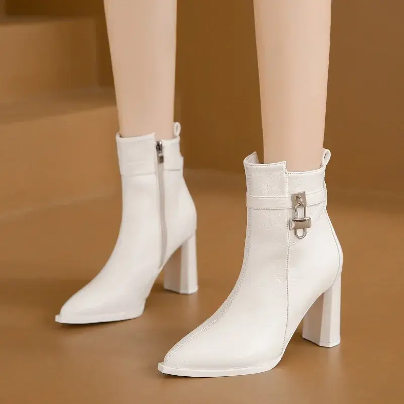 Women' Ankle Boots Chunky High Heel Short Boots Fashion Pointed Fashion Side Zipper Platform White Boots Botas De Mujer 2024