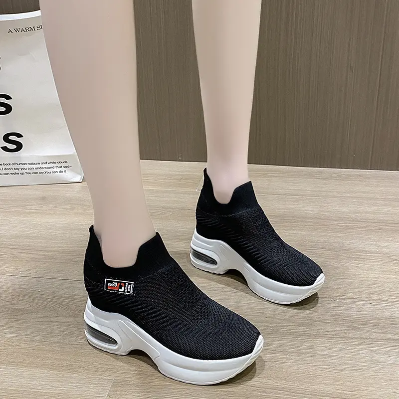 2023Women's Sneakers Spring Sequined Casual Shoes Women Platform Heels Wedges Height Increasing Knitted Ladies Vulcanized Shoes