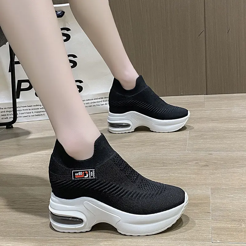 2023Women's Sneakers Spring Sequined Casual Shoes Women Platform Heels Wedges Height Increasing Knitted Ladies Vulcanized Shoes