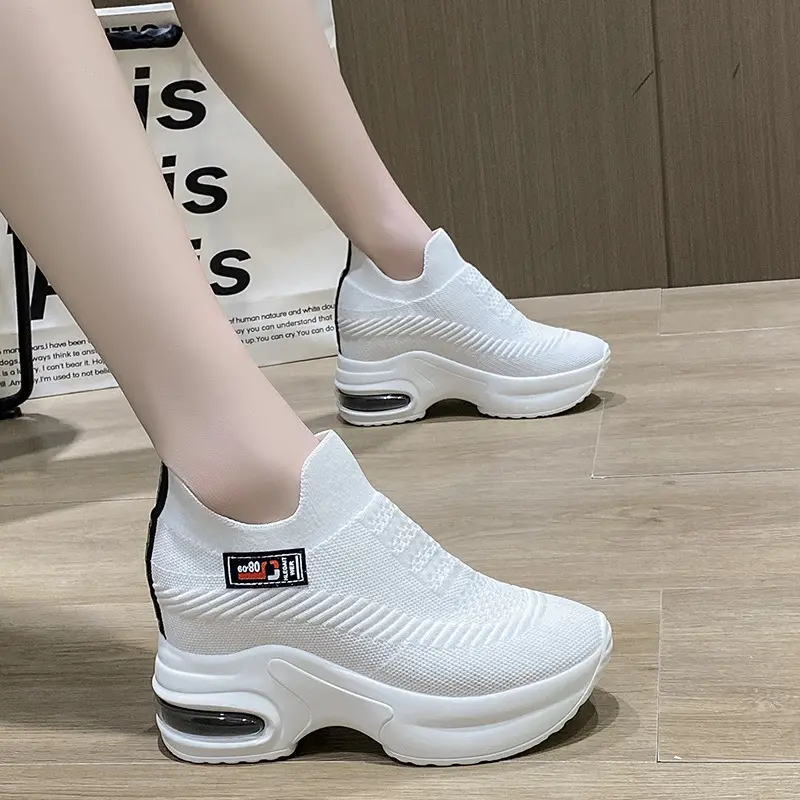2023Women's Sneakers Spring Sequined Casual Shoes Women Platform Heels Wedges Height Increasing Knitted Ladies Vulcanized Shoes