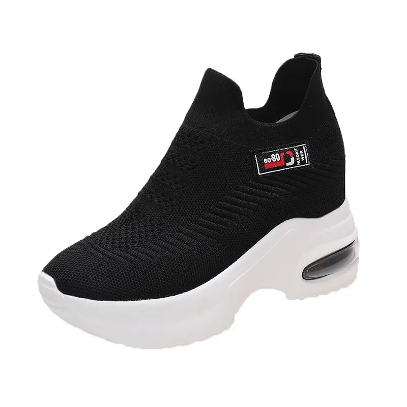2023Women's Sneakers Spring Sequined Casual Shoes Women Platform Heels Wedges Height Increasing Knitted Ladies Vulcanized Shoes