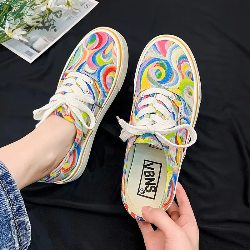 Women Canvas Shoes 2023 Rainbow Design Canvas Shoes Women Lace Up Casual Shoes Ladies Graffiti Flat Shoes Zapatos Mujer