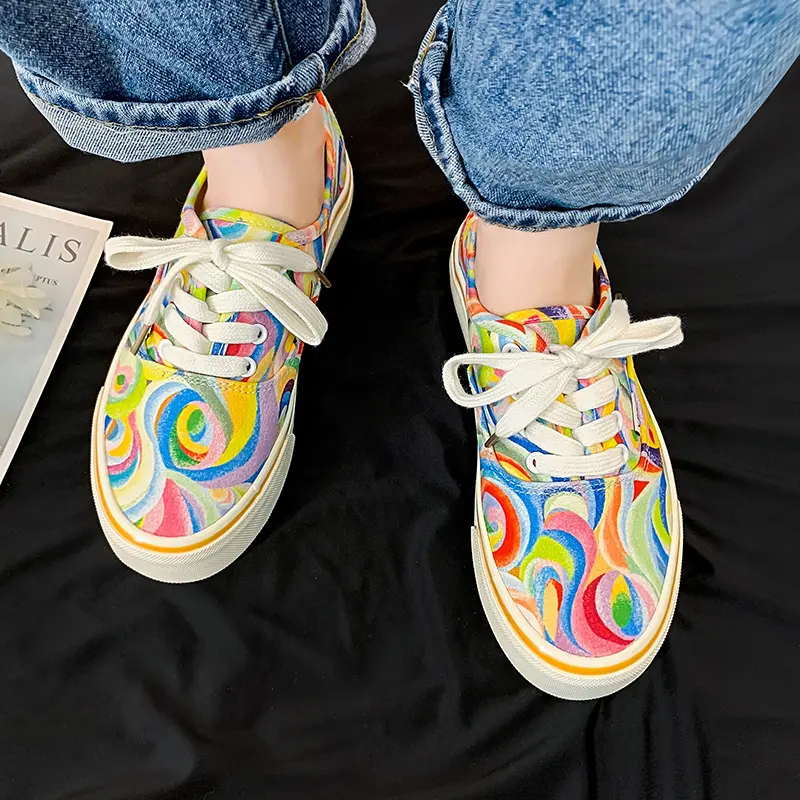 Women Canvas Shoes 2023 Rainbow Design Canvas Shoes Women Lace Up Casual Shoes Ladies Graffiti Flat Shoes Zapatos Mujer