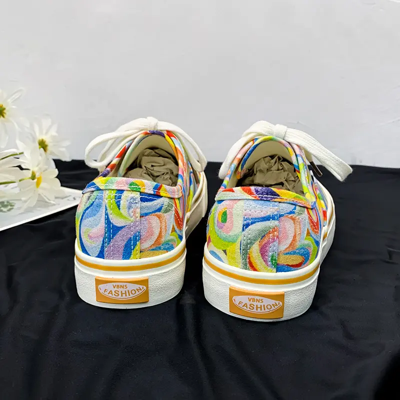 Women Canvas Shoes 2023 Rainbow Design Canvas Shoes Women Lace Up Casual Shoes Ladies Graffiti Flat Shoes Zapatos Mujer