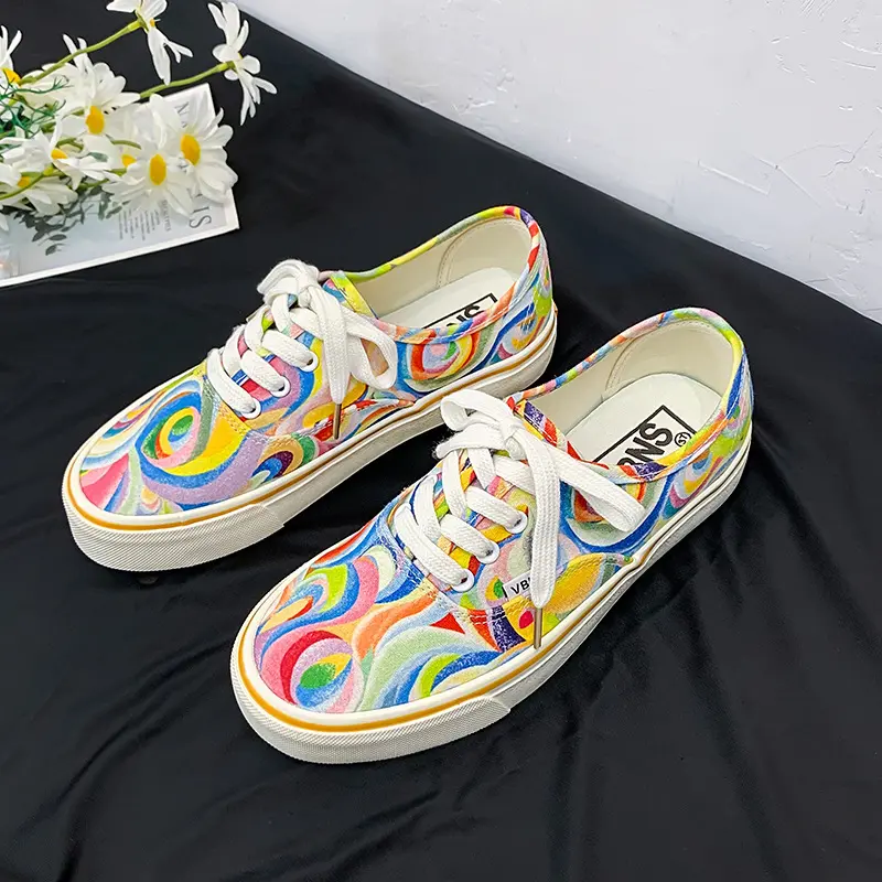 Women Canvas Shoes 2023 Rainbow Design Canvas Shoes Women Lace Up Casual Shoes Ladies Graffiti Flat Shoes Zapatos Mujer
