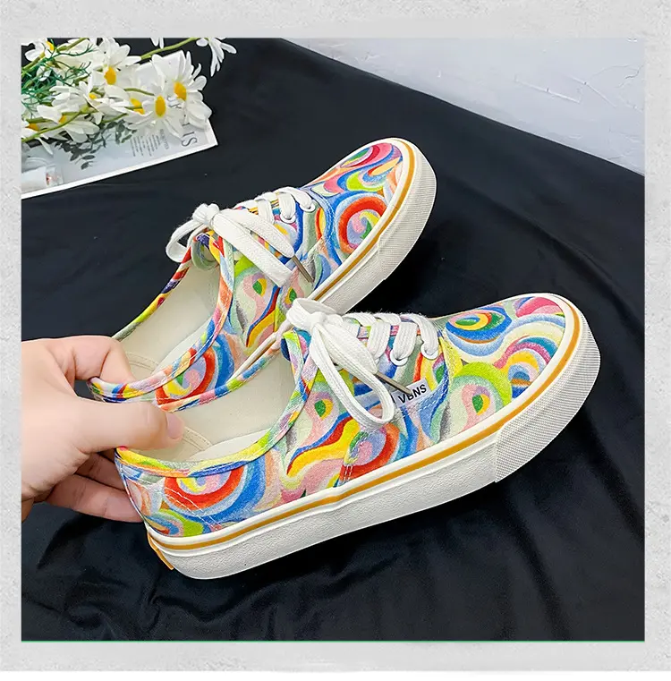 Women Canvas Shoes 2023 Rainbow Design Canvas Shoes Women Lace Up Casual Shoes Ladies Graffiti Flat Shoes Zapatos Mujer