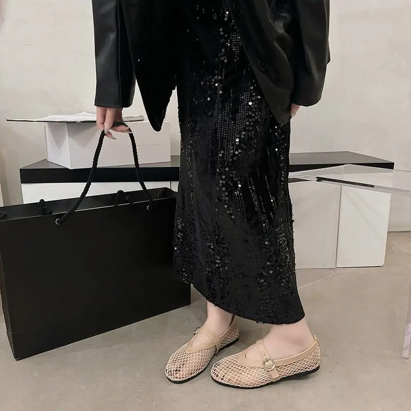 Summer, Wear Round Toe, Straight Buckles, Casual and Comfortable, Women's Flats, Cut-out Mary Jane Single Shoes,fishnet Shoes