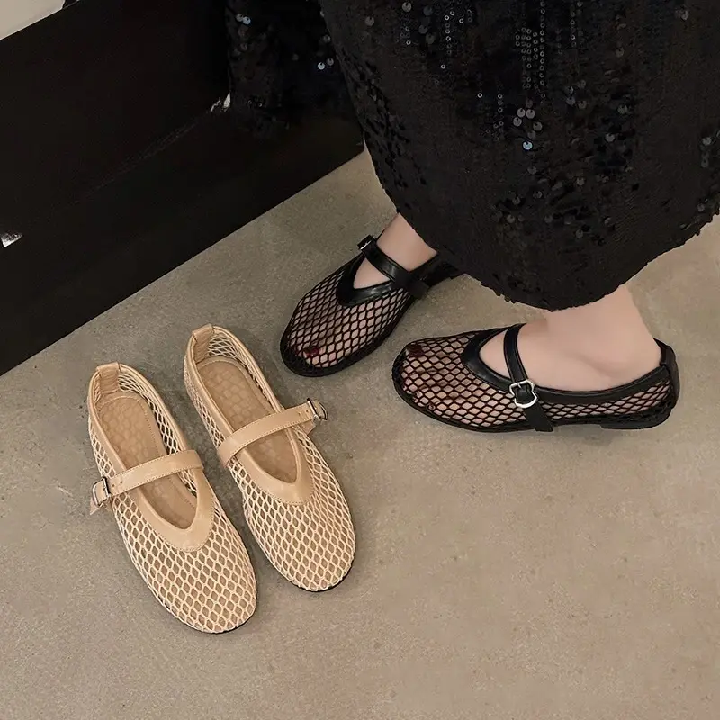 Summer, Wear Round Toe, Straight Buckles, Casual and Comfortable, Women's Flats, Cut-out Mary Jane Single Shoes,fishnet Shoes