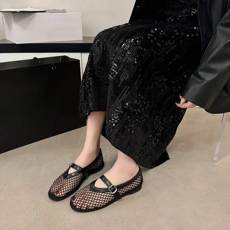 Summer, Wear Round Toe, Straight Buckles, Casual and Comfortable, Women's Flats, Cut-out Mary Jane Single Shoes,fishnet Shoes