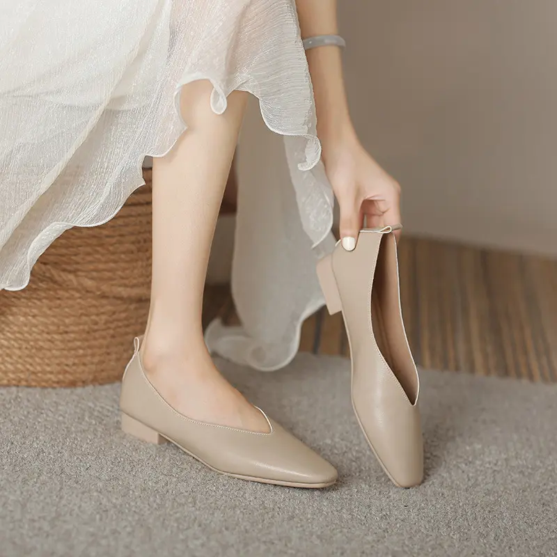 Genuine Leather Multi-color Low-heeled women's Shoes  Round Toe Flat Bottom Shallow Cut Single Shoe Casual Versatile Loafers