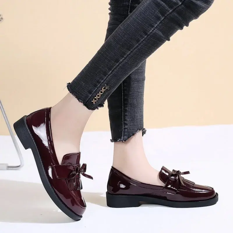 Women's Black Patent Leather Loafers Platform Slip on Shoes for Women  New Spring British Tassel Casual Bowknot Flats Shoes