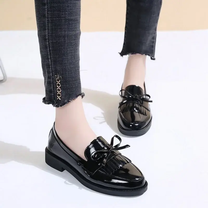 Women's Black Patent Leather Loafers Platform Slip on Shoes for Women  New Spring British Tassel Casual Bowknot Flats Shoes