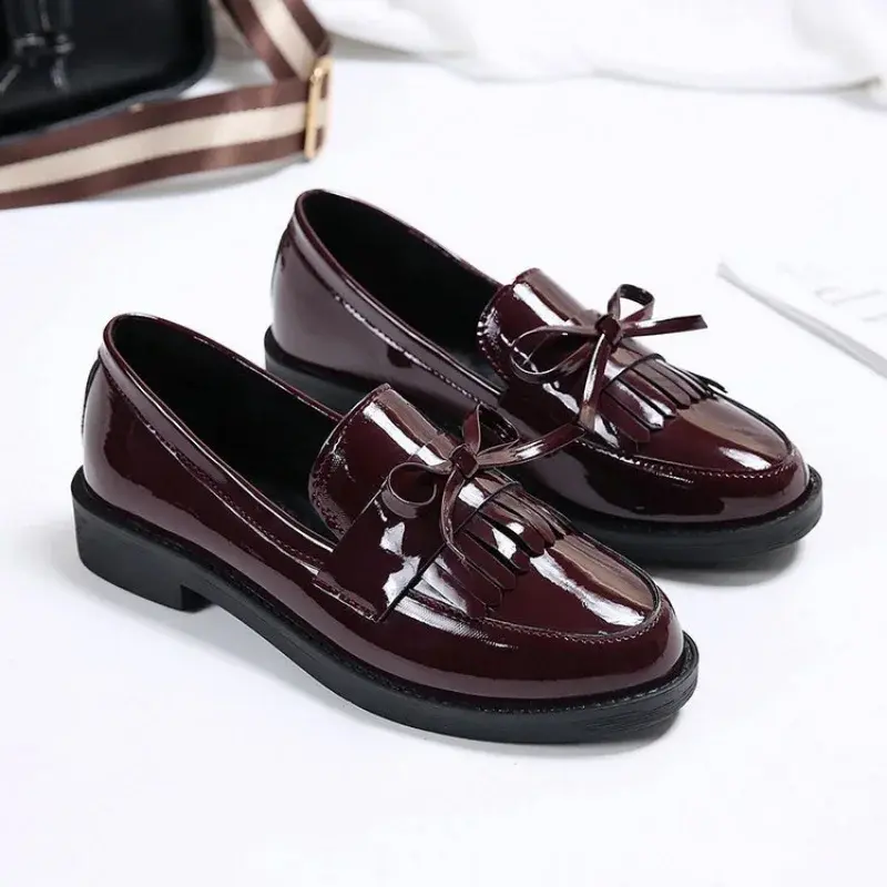 Women's Black Patent Leather Loafers Platform Slip on Shoes for Women  New Spring British Tassel Casual Bowknot Flats Shoes