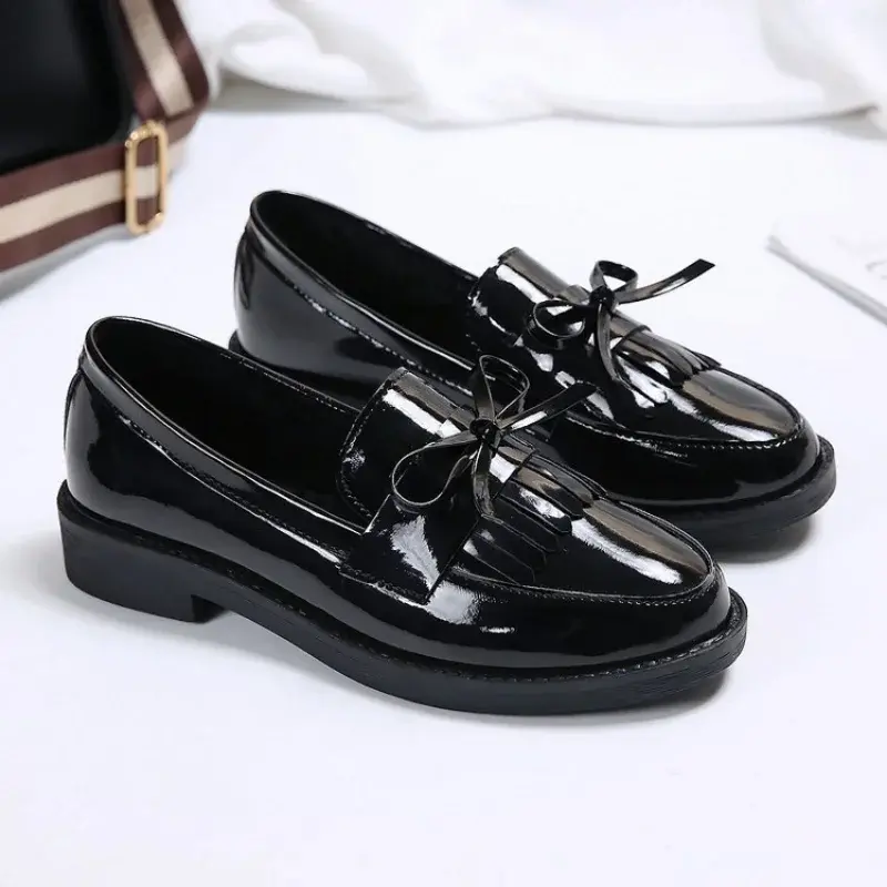 Women's Black Patent Leather Loafers Platform Slip on Shoes for Women  New Spring British Tassel Casual Bowknot Flats Shoes