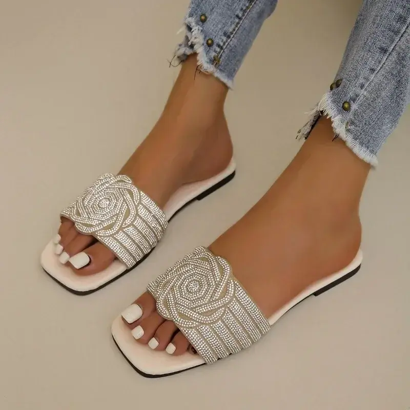 Lady Slippers Summer New Fashion Open Toed  Roman Shoes for Women Rhinestones Sexy Flat Flip Flops Slides Zapatos Mujer