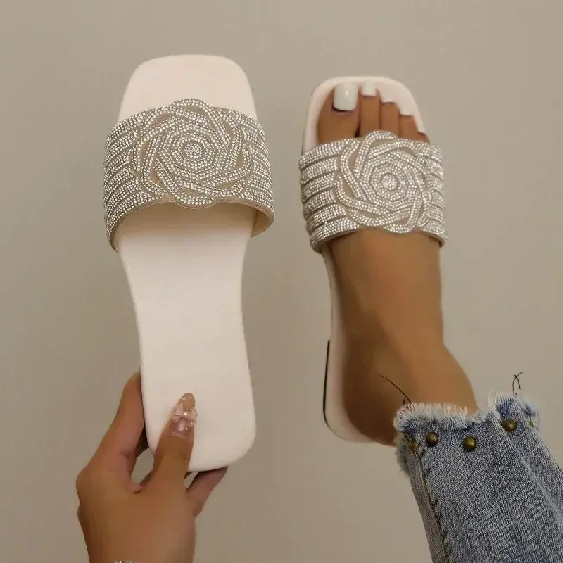 Lady Slippers Summer New Fashion Open Toed  Roman Shoes for Women Rhinestones Sexy Flat Flip Flops Slides Zapatos Mujer