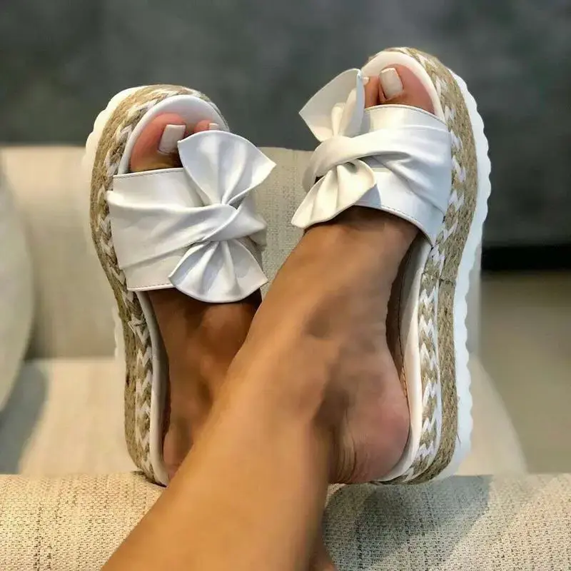 Women Slippers Summer 2023 Platform Wedges Mid Heels Bow Tie Peep Toe Fashion Slides Beach Outdoor Ladies Shoes Zapatos De Mujer
