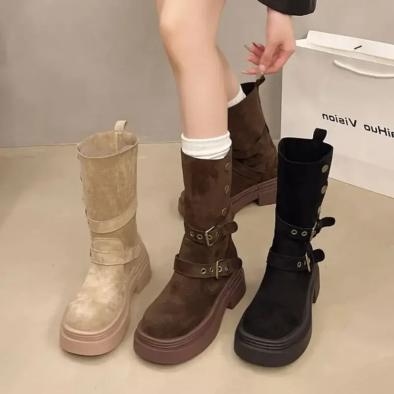 Women's Long Boots Fashion Platform Height Increasing Outdoor Knight Boots 2025 Spring Autumn New Retro Belt Buckle Women Shoes